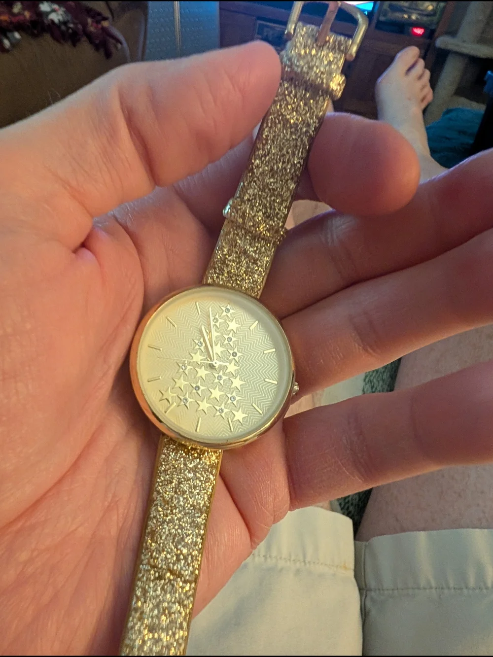 Christmas Tree Gold Star Pattern Round Watch Face Brand New Battery